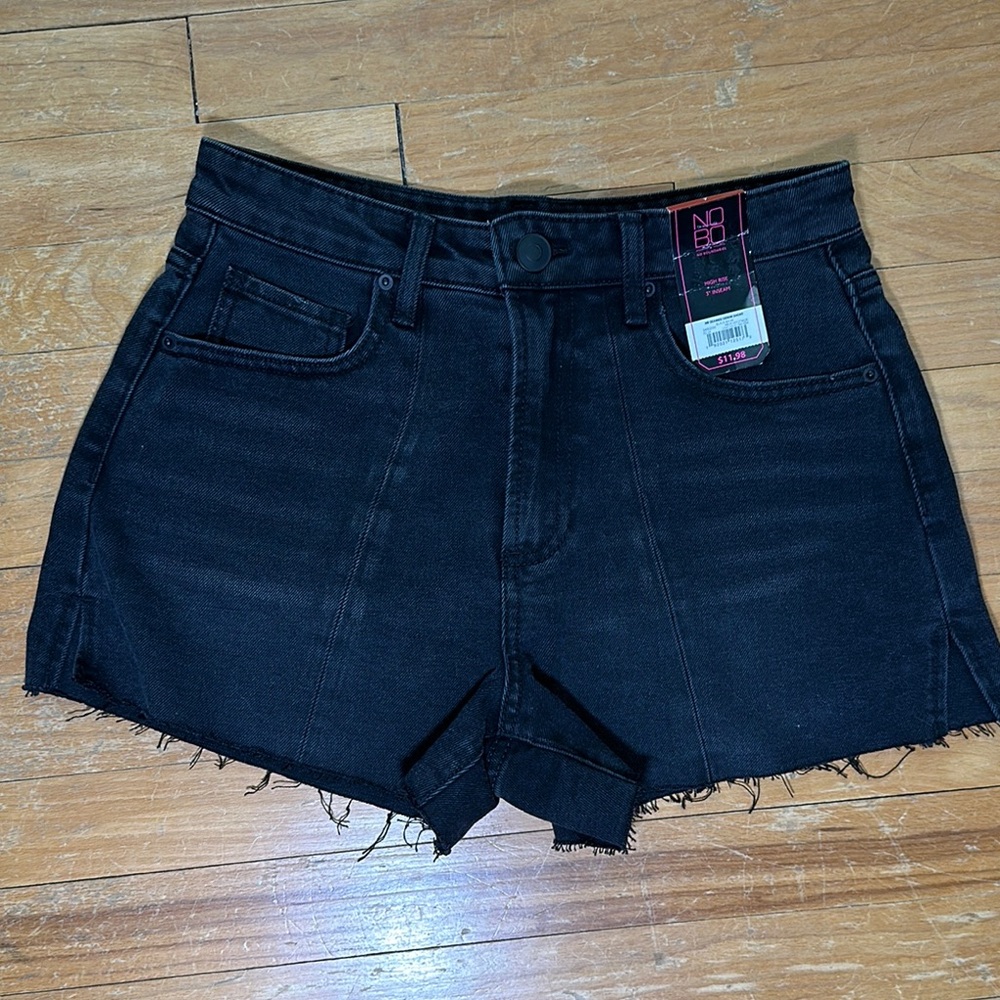 No Boundaries Black Jean Shorts with Front Seam and Raw Hem